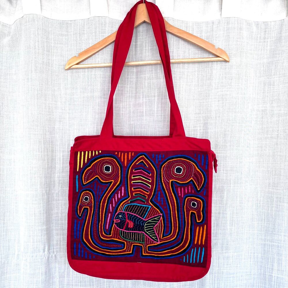 Vintage Kuna Mola Red Tote with Bird and Fish Quilted Embroidery Design